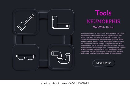 Appliances set icon. Bucket, drill, ruler, pencil, wrench, corner ruler, tool box, roller, neomorphism, cone, screwdriver, instrument, tackle, tools. Implement concept.