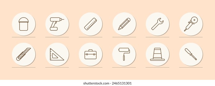 Appliances set icon. Bucket, drill, ruler, pencil, wrench, corner ruler, tool box, roller, cone, screwdriver, instrument, tackle, tools. Implement concept.