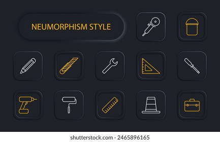 Appliances set icon. Bucket, drill, ruler, pencil, wrench, corner ruler, tool box, roller, cone, screwdriver, instrument, tackle, tools, neomorphism. Implement concept.