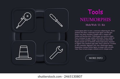 Appliances set icon. Cone, cutter, drill, ruler, pencil, wrench, corner ruler, tool box, roller, neomorphism, cone, screwdriver, instrument, tackle, tools. Implement concept.