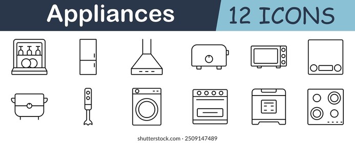 Icono de conjunto de electrodomésticos. Lavavajillas, refrigerador, horno, tostador, microondas, licuadora, cocina, lavadora, secadora, cocina, campana extractora, cocina, electrodoméstico, hogar, electrónica, cocina