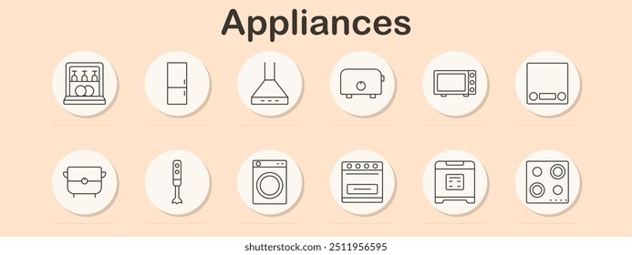 Icono de conjunto de electrodomésticos. Lavavajillas, refrigerador, tostadora, microondas, horno, estufa, licuadora, lavadora, cocina, hogar, hogar, cocina, limpieza, utensilios de cocina, dispositivos domésticos