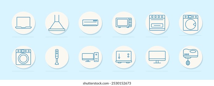 Ícone de conjunto de equipamentos. Laptop, exaustor, máquina de lavar louça, micro-ondas, forno, máquina de lavar roupa, liquidificador, desktop, amplificador, monitor, misturador.