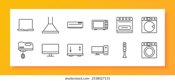 Ícone de conjunto de equipamentos. Laptop, exaustor, micro-ondas, forno, máquina de lavar, misturador, TV, torradeira, computador, liquidificador, lavadora. Eletrodomésticos e eletrodomésticos para tarefas diárias