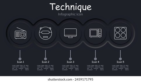 Appliances set icon. Radio, TV, monitor, computer, stove, microwave, robot cleaner, electronic scales, infographic, oven, neomorphism, clock. Modern technology concept.