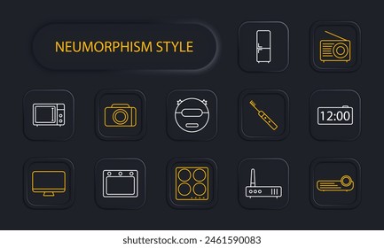 Appliances set icon. Radio, TV, monitor, computer, stove, microwave, robot cleaner, electronic scales, refrigerator, electronic toothbrush, projector, oven, neomorphism. Modern technology concept.