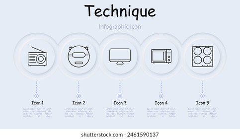 Appliances set icon. Radio, TV, monitor, computer, stove, microwave, robot cleaner, electronic scales, infographic, oven, neomorphism, clock. Modern technology concept.