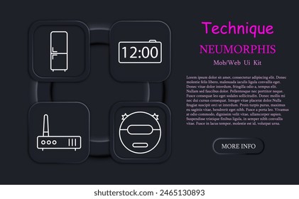 Icono de Conjunto de dispositivos. Limpiador de robots, básculas electrónicas, neomorfismo, 12 00, refrigerador, cepillo de dientes eléctrico, proyector, horno, router, reloj. Concepto de tecnología moderna.