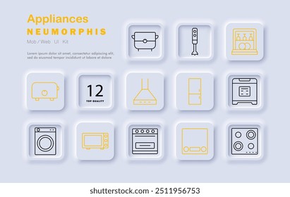 Icono de conjunto de electrodomésticos. Tostadora, licuadora, cocina, hogar, electrónica, doméstica, estilo neomorfo, artículos para el hogar, horno, lavavajillas, lavadora, nevera, microondas, cocina