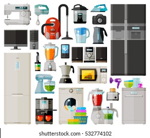 Appliances. Set icons refrigerator, vacuum cleaner, coffee, pc, washing machine, microwave oven, blender, television, music system, dish washer, photo, hairdryer, phone