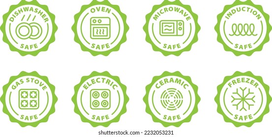 appliances stoves safety green stamp, icon set. Symbol, outline icon, tag, badge, label, circle, green white vector round isolated on transparent background. Dishwasher, oven, microwave, induction