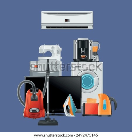 appliances. vacuum cleaner TV washing machine and iron vector appliances for comfortable lifestyle