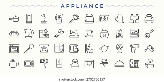 Conjunto de ícones de linha de vetor de equipamentos. Ícones finos da interface do usuário do equipamento. Ícones mínimos definidos. Coleção de ícones da cozinha. Traçado editável. Ilustração vetorial.