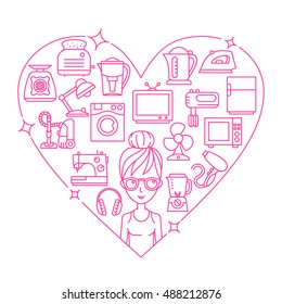 Appliances and woman frame heart vector illustration thin line flat