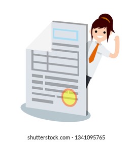 Applicant and big resume. Woman in white shirt and tie. Paper file document with seal. Signing a business contract with a girl. Search for work in the office. Cartoon flat illustration