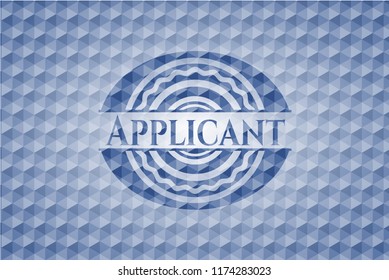 Applicant blue badge with geometric pattern background.