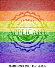 Applicant emblem on mosaic background with the colors of the LGBT flag