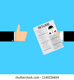 Applicant is hired. Hand with resume and employer hands thumb up. Vector illustration
