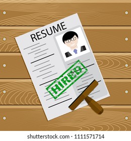 Applicant hired vector. Hiring form resume, illustration of candidate cv