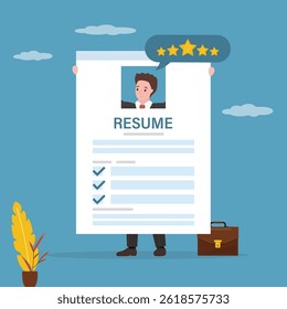 Applicant, qualified employee holds an excellent resume. Good portfolio for hiring. Confident businessman specialist in search for highly qualified job, business profile to apply for new job. vector
