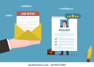 Applicant, qualified employee holds an excellent resume. Good portfolio for hiring. HR agent hand give job offer letter. Confident businessman in search for job, business profile to apply for new job.