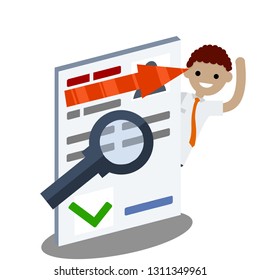 Applicant for a vacancy in the office. Summary of a man in a white shirt and tie. The red arrow points to the employee. Search for work with a magnifying glass. Cartoon flat illustration