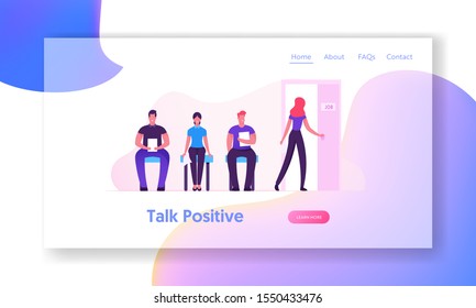 Applicants with Cv Documents Hiring Job Website Landing Page. Hr Concept. People Waiting Interview Sitting in Office Hall. Candidate Woman Enter Door Web Page Banner. Cartoon Flat Vector Illustration