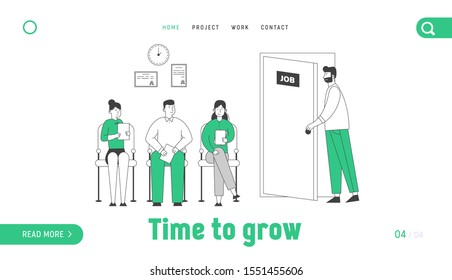 Applicants with Cv Documents Hiring Work Website Landing Page. People Wait Job Interview Sitting in Office Lobby. Worried Candidate Enter Door Web Page Banner. Flat Vector Illustration Line Art