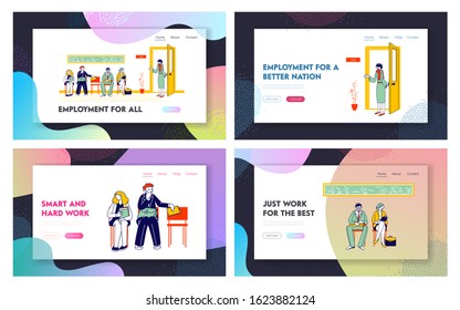 Applicants with Cv Documents Hiring Work Website Landing Page Set. Young Man and Woman Sitting on Chairs in Hallway Waiting Appointment Web Page Banner. Cartoon Flat Vector Illustration, Line Art