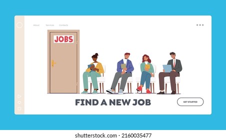 Applicants with Cv Documents Hiring Work Landing Page Template. People Waiting Interview Sitting in Office Hall on Chairs. Worried Candidates Men and Women Searching Job. Cartoon Vector Illustration