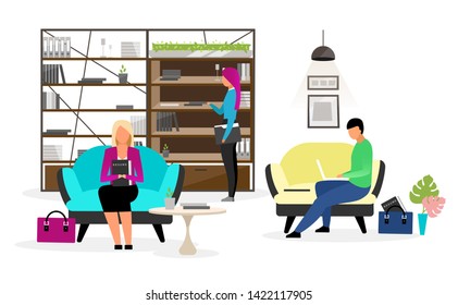 Applicants at HR agency flat vector illustration. Recruiting company clients. Young job seekers expecting meeting with headhunter, job search expert. Nervous candidates waiting for interview