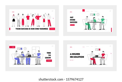 Applicants on Job Interview Website Landing Page Set. Businesspeople Listen Candidates. Good First Impression, Introduction with New Worker Web Page Banner. Cartoon Flat Vector Illustration, Line Art