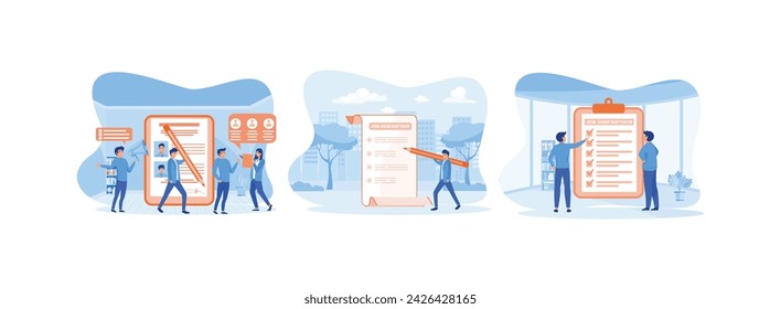 Applicants Searching Job, Learning Offers in Internet Resource, employer notify of job description.  Job description set flat vector modern illustration 