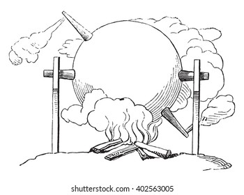 Application of aeolipile the rotisserie, vintage engraved illustration. Magasin Pittoresque 1847.
