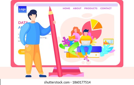 Application for analysing data, Internet shop website layout. Online store landing page template. Paid program for employees. The guy stands with a pink pencil in his hands. Data analysis concept