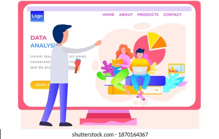 Application for analysing data, Internet shop website layout. Online store landing page template. Paid program for employees. Guy with a brush in her hands touches the screen with a presentation