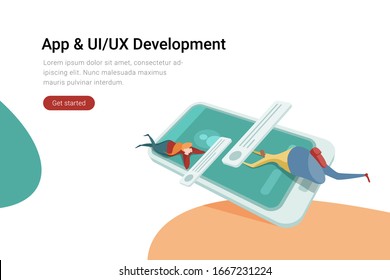 Application app  UI / UX design Development concept Man and Woman developing User Interface put element on smartphone screen flat vector illustration