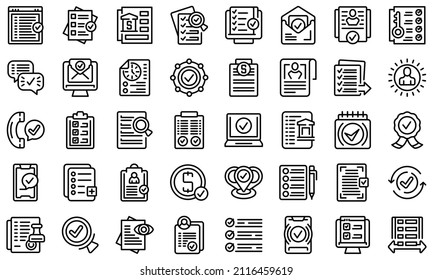 Application approval icons set outline vector. File loan. Property approve