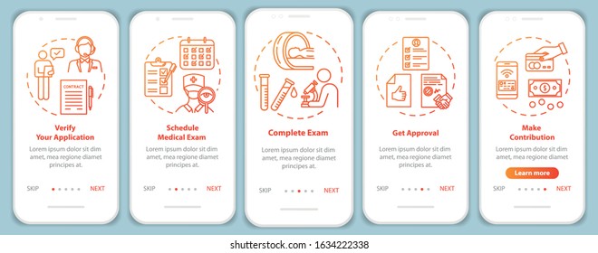 Application approval onboarding mobile app page screen with concepts. Insurance confirmation walkthrough 5 steps graphic instructions. UI vector template with RGB color illustrations