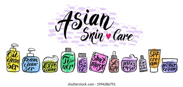 application of Asian skin care products such as - oil cleanser, cleansing foam, exfoliant, toner, essence, sheet mask, serum, moisturizer, eye cream, night cream, night cream, SPF cream.