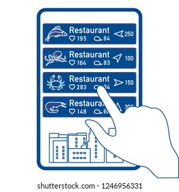 Application of augmented reality: AR for navigation in city or shopping center. Choosing fish restaurant, seafood restaurant by location, comments and likes by phone.