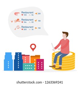 Application of augmented reality: AR for navigation in city. Navigation pointers to different fish restaurant. Man choosing fish restaurant, seafood restaurant by location, comments, likes.