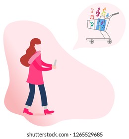 Application of augmented reality: AR for navigation in city or shopping center. Girl with modern device plans to make purchases in a music store.