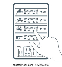 Application of augmented reality: AR for navigation in city or shopping center. Choosing fish restaurant, seafood restaurant by location, comments and likes by phone.