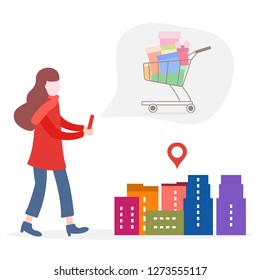 Application of augmented reality: AR for navigation in city. Girl with modern device plans to make purchases in city.  Navigation pointers to shops.