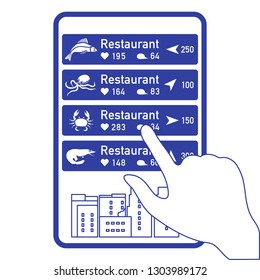 Application of augmented reality: AR for navigation in city or shopping center. Choosing fish restaurant, seafood restaurant by location, comments and likes by phone.