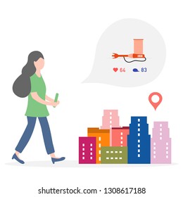 Application of augmented reality: AR for navigation in city. Girl with modern device plans to buy blender in a mall in city. Navigation pointers to shops.