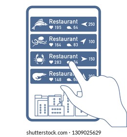 Application of augmented reality: AR for navigation in city or shopping center. Choosing fish restaurant, seafood restaurant by location, comments and likes by phone.