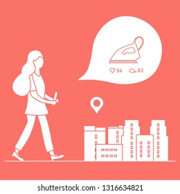 Application of augmented reality: AR for navigation in city. Girl with modern device plans to buy home appliances in the store in city. Navigation pointers to shops.