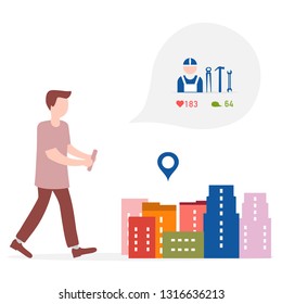 Application of augmented reality: AR for navigation in city. Man with modern device plans to orders repair services in city. Navigation pointers.
